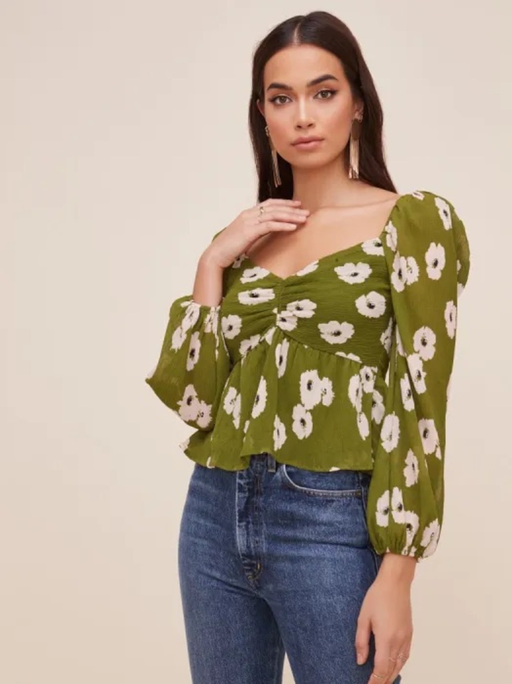 NWT ASTR The Label Green Floral Peplum Top Size Medium Puff Sleeve Romantic
